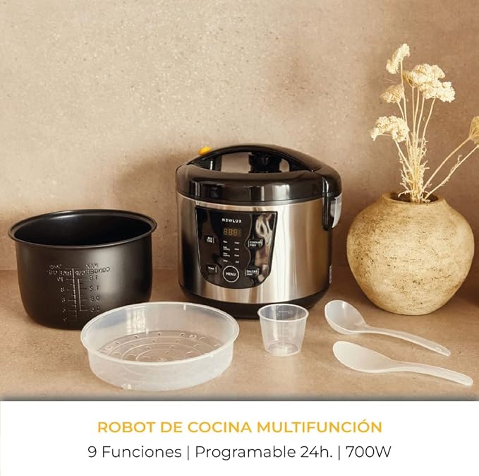 NEWLUX - Robot de Cocina Multifunción 5L SmartChef V50 con Cubeta Antiadherente, Programable hasta 24 Horas, 9 Funciones y 8 Menús automáticos. Mantiene Caliente 24H, Negro
