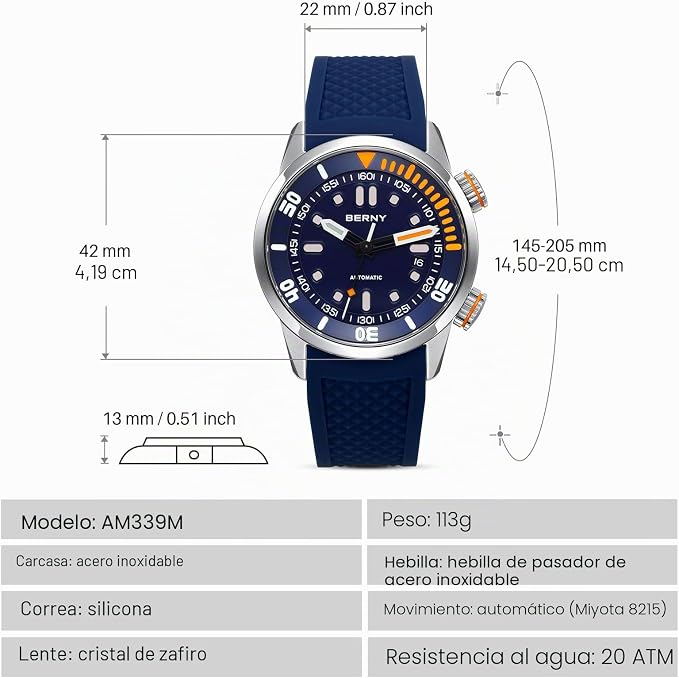 BERNY Reloj De Buceo Hombres 20ATM Movimiento Automático Reloj De Pulsera con Cristal De Zafiro Correa De Silicona Cómoda Super Luminoso