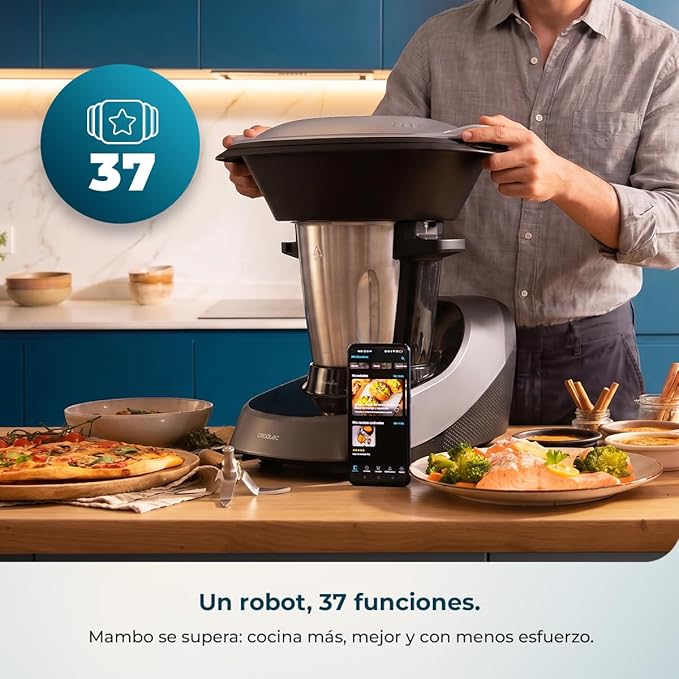 Cecotec Robot de Cocina Multifunción Mambo 11090 Daily. Capacidad 3,3 Litros, 37 Funciones, 4 Elaboraciones a la vez, Táctil, APP de Mambo con Recetario, Báscula y Jarra de Acero Inox, Compacto