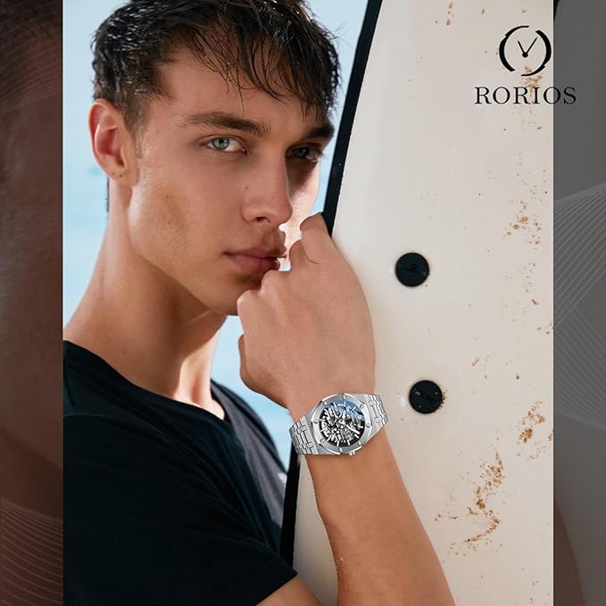 RORIOS Relojes Hombre Mecánico Automático Reloj de Pulsera Dial Esqueleto Relojes con Correa de Acero Inoxidable Luminoso Reloj