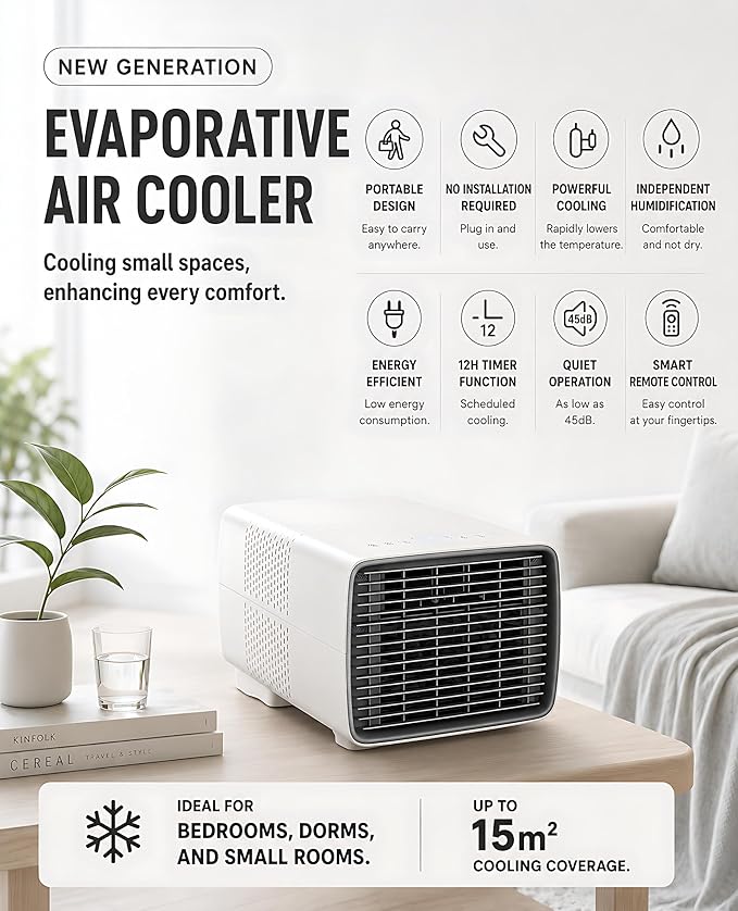 Aire Acondicionado Portátil 2700 BTU, 280W Bajo Consumo, 3 en 1 Enfriador, Deshumidificador y Ventilador con Compresor DC, Silencioso, Mando a Distancia para Camping y Caravana