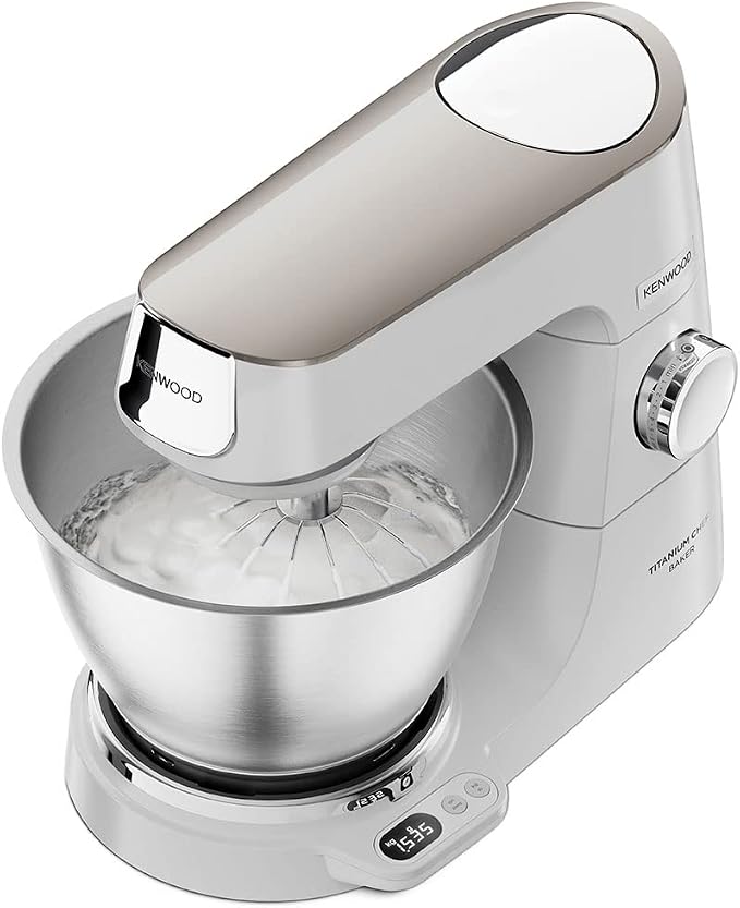 Kenwood Titanium Chef Baker KVC65.001WH - Robot de cocina con báscula integrada (1200 W, incluye 3 utensilios de pastelería, espátula y protector contra salpicaduras), color blanco