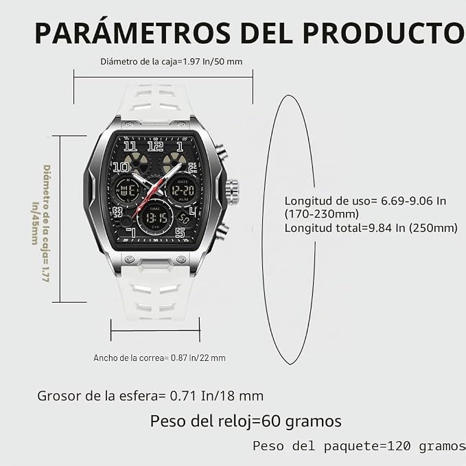 Hombre Relojes para Hombre Rectángulo Unico Reloj Militar Digital Analógico Deportes Reloj de Pulsera con Alarma, Cronómetro,Cuenta Atrás,Cada Hora Chime,Luminoso y Impermeable Multifunción