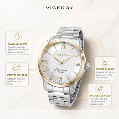 Viceroy Reloj Hombre Elegante de Acero Inoxidable - 40 mm - Movimiento de Cuarzo - Esfera Plateada - Bisel Dorado - Resistente al Agua 10 ATM - Brazalete de Acero - Colección Grand – 41145-83