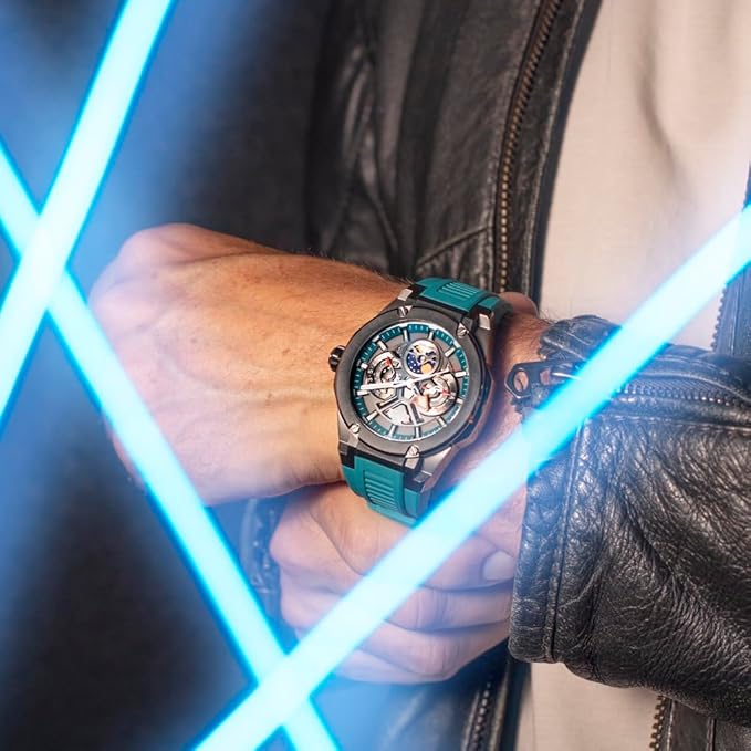 LOTUS Reloj Analógico Hombre con Fase Lunar de Caucho Azul - Movimiento de Cuarzo - Calendario - Cristal Mineral de Alta Resistencia - Resistente al Agua 10 ATM - Multifunción 18946/2 Vortex