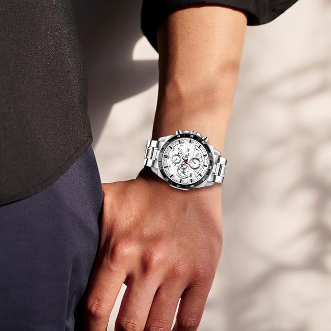 OFFCUP Reloj para Hombre, 50mm Cronografo Relojes, Reloj Analógico de Cuarzo con Correa en Acero Inoxidable et Fecha Automática, Negocios Casual Relojes de Pulsera para Hombres