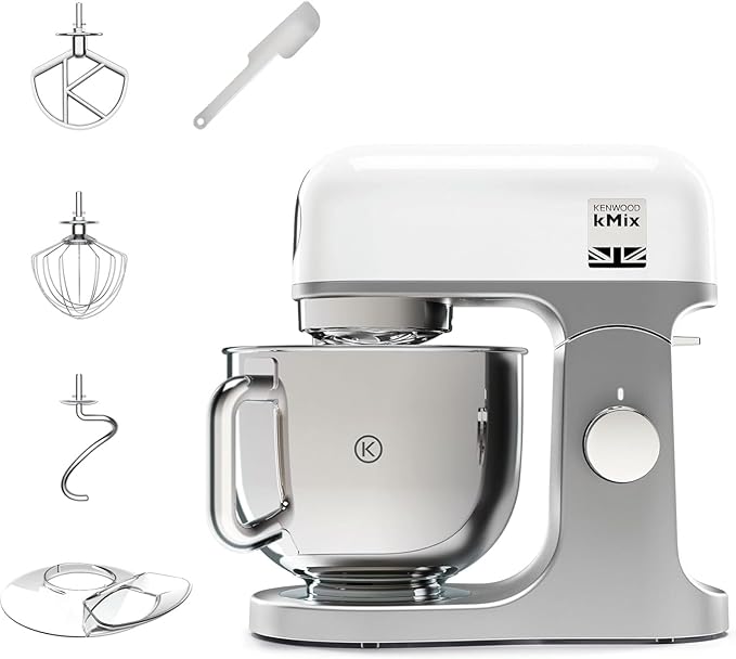 Kenwood kMix KMX750WH - Robot de Cocina Multifunción, 1000 W, Bol Metálico de 5 L con Asa, Gancho para Amasar, Varillas, Mezclado K, Acero Inoxidable, 6 Velocidades, Color Blanco