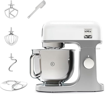 Kenwood kMix KMX750WH - Robot de Cocina Multifunción, 1000 W, Bol Metálico de 5 L con Asa, Gancho para Amasar, Varillas, Mezclado K, Acero Inoxidable, 6 Velocidades, Color Blanco