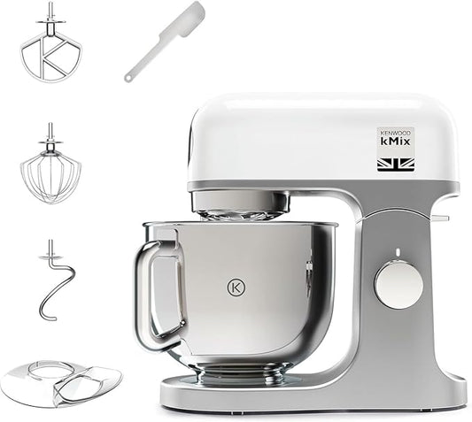 Kenwood kMix KMX750WH - Robot de Cocina Multifunción, 1000 W, Bol Metálico de 5 L con Asa, Gancho para Amasar, Varillas, Mezclado K, Acero Inoxidable, 6 Velocidades, Color Blanco