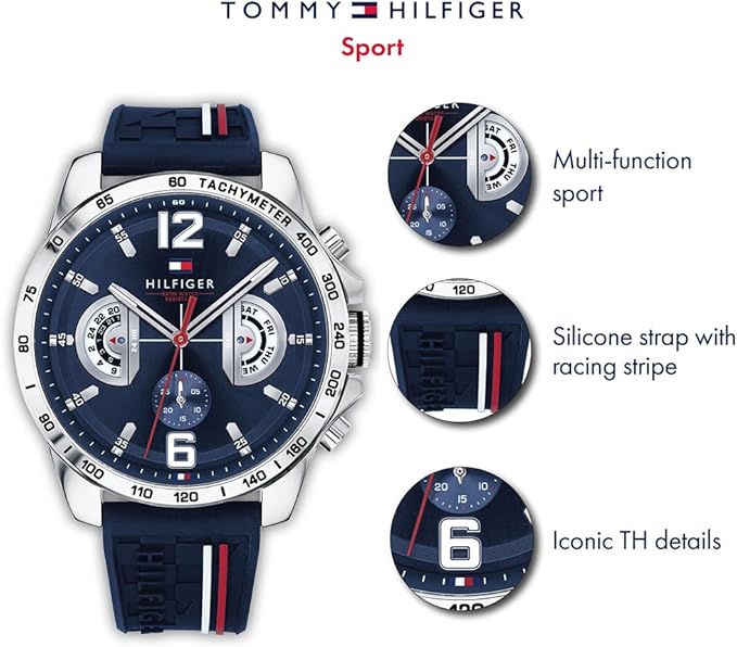 Tommy Hilfiger Reloj Analógico Multifuncional de Cuarzo para Hombres con Correa de Silicona, Acero Inoxidable o Cuero, Subesferas para Día y Fecha, Resistente al Agua hasta 5ATM.