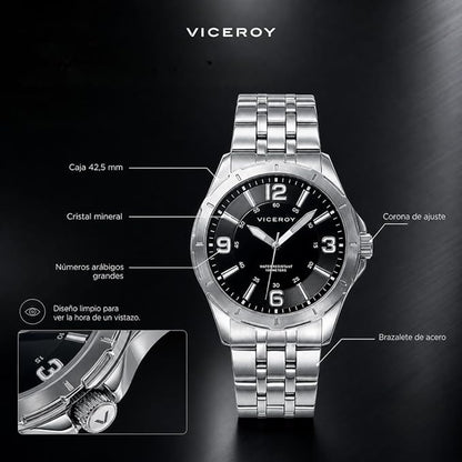Viceroy Reloj Deportivo Hombre de Acero Inoxidable - 42 mm - Movimiento de Cuarzo - Esfera Negra - Sumergible 10 ATM - Colección Heat – 40519-55