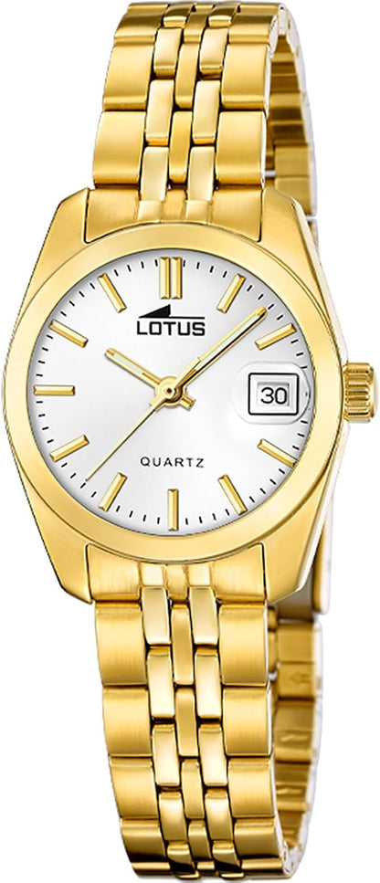 LOTUS Reloj Mujer Analógico de Acero Inoxidable 316l Dorado - Movimiento de Cuarzo - Cristal Mineral de Alta Resistencia - Resistente al Agua 5 ATM - Calendario 18993/2 - Old Money