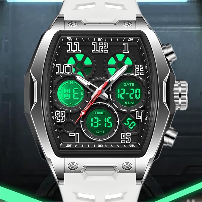 Hombre Relojes para Hombre Rectángulo Unico Reloj Militar Digital Analógico Deportes Reloj de Pulsera con Alarma, Cronómetro,Cuenta Atrás,Cada Hora Chime,Luminoso y Impermeable Multifunción