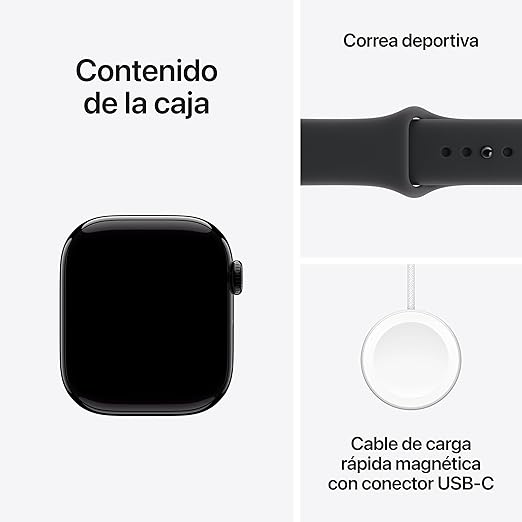 Apple Watch Series 11 GPS con caja de aluminio en negro azabache de 42 mm y correa deportiva negra-Talla S/M.Calidad del Sueño,monitores de entreno y salud,pantalla siempre activa, resistencia al agua