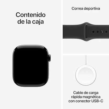 Apple Watch Series 11 GPS con caja de aluminio en negro azabache de 42 mm y correa deportiva negra-Talla S/M.Calidad del Sueño,monitores de entreno y salud,pantalla siempre activa, resistencia al agua