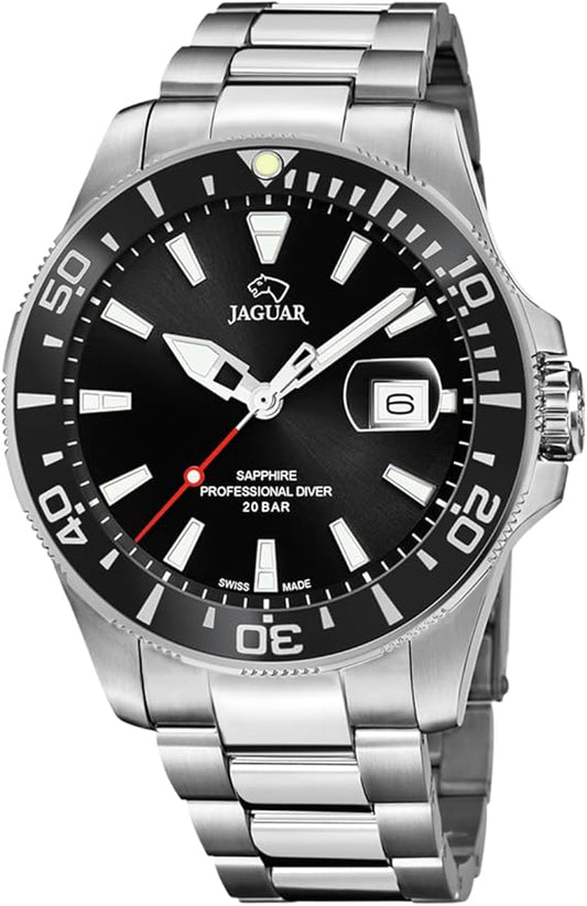 JAGUAR Reloj Hombre Analógico de Acero Inoxidable 316l Plateado - Movimiento de Cuarzo - Calendario - Cristal Zafiro de Alta Resistencia - Resistente al Agua 20 ATM J860/D Executive