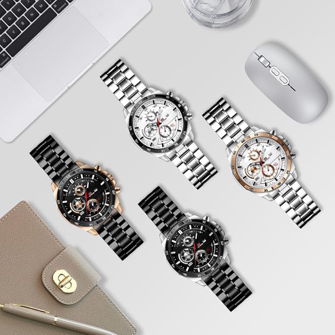 OFFCUP Reloj para Hombre, 50mm Cronografo Relojes, Reloj Analógico de Cuarzo con Correa en Acero Inoxidable et Fecha Automática, Negocios Casual Relojes de Pulsera para Hombres