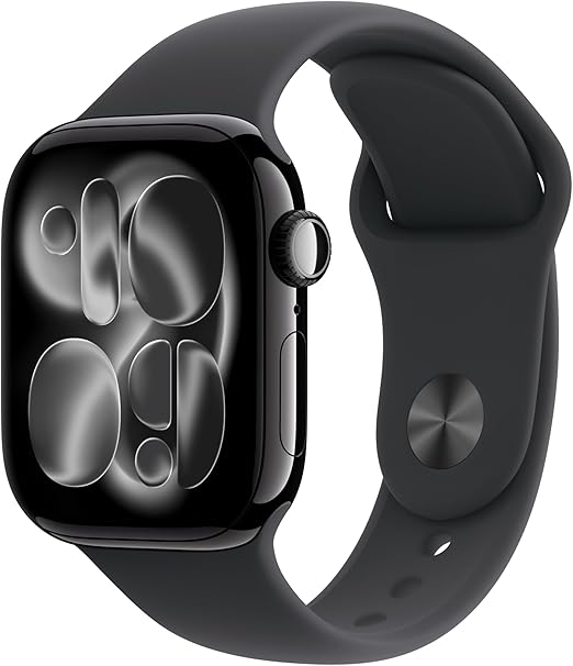 Apple Watch Series 11 GPS con caja de aluminio en negro azabache de 42 mm y correa deportiva negra-Talla S/M.Calidad del Sueño,monitores de entreno y salud,pantalla siempre activa, resistencia al agua