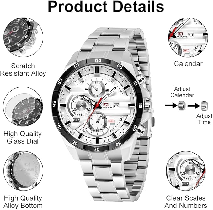 OFFCUP Reloj para Hombre, 50mm Cronografo Relojes, Reloj Analógico de Cuarzo con Correa en Acero Inoxidable et Fecha Automática, Negocios Casual Relojes de Pulsera para Hombres