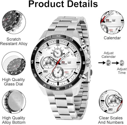 OFFCUP Reloj para Hombre, 50mm Cronografo Relojes, Reloj Analógico de Cuarzo con Correa en Acero Inoxidable et Fecha Automática, Negocios Casual Relojes de Pulsera para Hombres