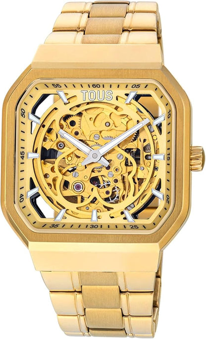 TOUS Reloj Analógico Automático con Brazalete IP Dorado y Engranaje Acero, Silueta Oso, Funciones Horas y Minutos, Impermeable a 3 ATM, Colección D-Bear