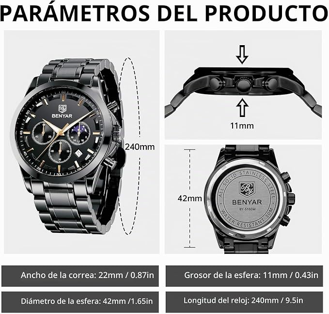 BENYAR by Relojes Hombre Analógico Cuarzo Cronografo Impermeable Luminoso Fecha Moda Casual Reloj de Pulsera Elegante Regalo para Hombre