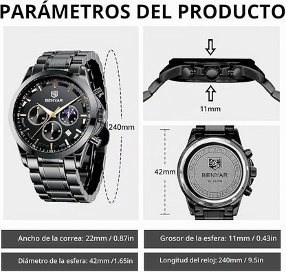 BENYAR by Relojes Hombre Analógico Cuarzo Cronografo Impermeable Luminoso Fecha Moda Casual Reloj de Pulsera Elegante Regalo para Hombre