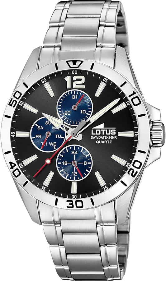 LOTUS Reloj Hombre Analógico de Acero Inoxidable 316l Plateado - Movimiento de Cuarzo - Cristal Mineral de Alta Resistencia - Resistente al Agua 5 ATM - Multifunción 18812 Trendy