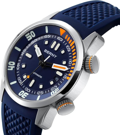 BERNY Reloj De Buceo Hombres 20ATM Movimiento Automático Reloj De Pulsera con Cristal De Zafiro Correa De Silicona Cómoda Super Luminoso