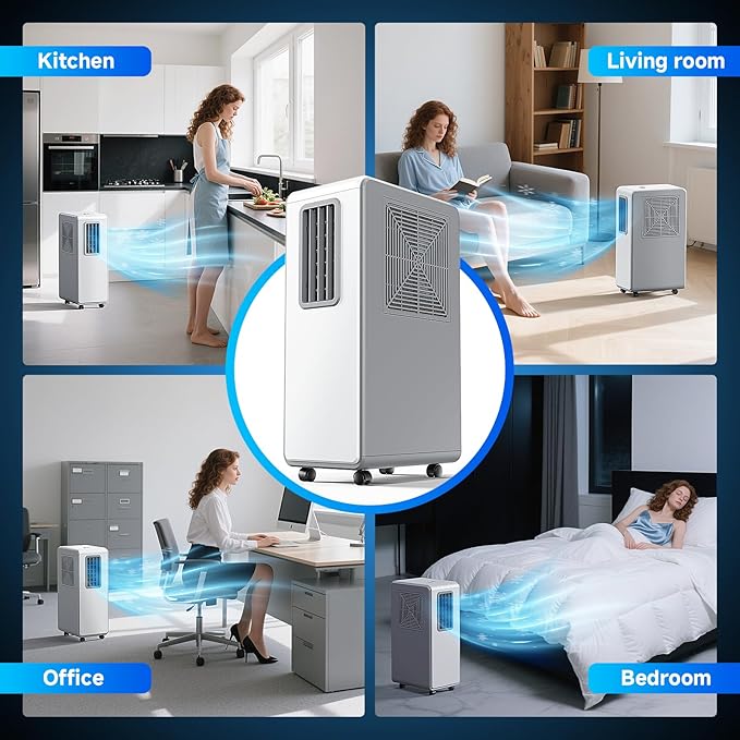 4 en 1 Aire acondicionado portátil,combina funciones de refrigeración, deshumidificación ventilación, ultrasilencioso, temporizador 24 Ideal para hogares, oficinas y cocinas（Blanco puro）