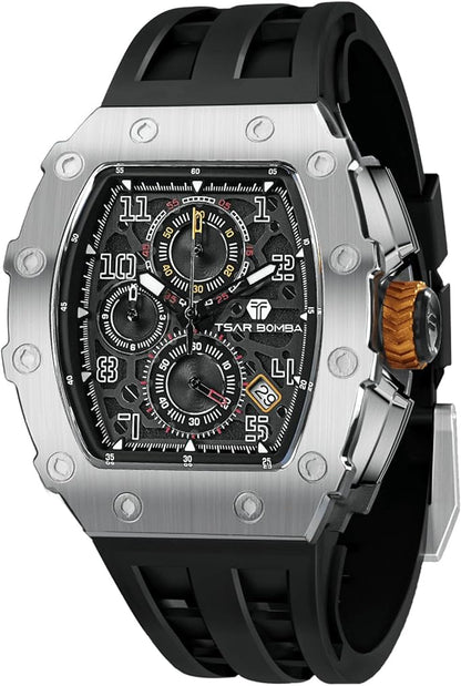TSAR BOMBA Relojes Cuarzo Hombre Tonel Lujo Reloj de Pulsera Cristal Zafiro Movimiento Japonés Impermeables 50M Luminoso Fecha Esqueleto Cuadrados Analogico Deportivo Cronógrafo Reloj de Hombre