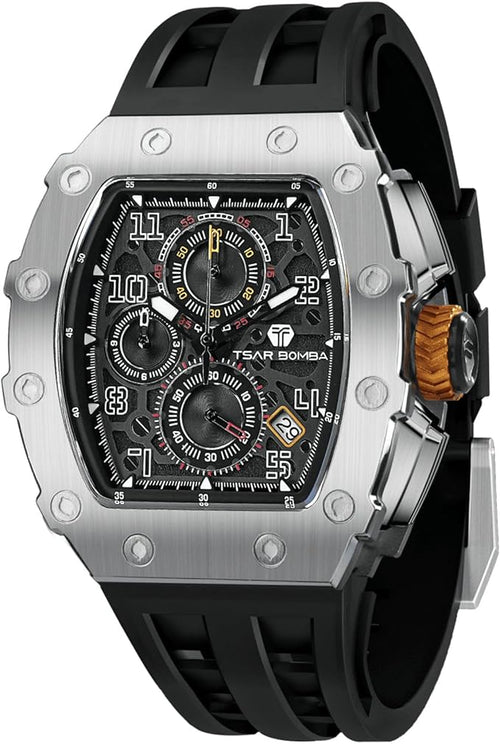 TSAR BOMBA Relojes Cuarzo Hombre Tonel Lujo Reloj de Pulsera Cristal Zafiro Movimiento Japonés Impermeables 50M Luminoso Fecha Esqueleto Cuadrados Analogico Deportivo Cronógrafo Reloj de Hombre