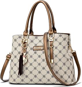 NICOLE & DORIS Bolsos de Mano Mujer Bolso Estampado Bolso Señora Bandolera Elegancia Mediano Bolso Tote Cuero PU Bolsos de Hombro con Colgante Beige con Marrón