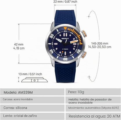 BERNY Reloj De Buceo Hombres 20ATM Movimiento Automático Reloj De Pulsera con Cristal De Zafiro Correa De Silicona Cómoda Super Luminoso