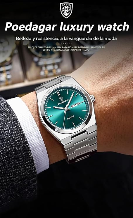 Poedagar Reloj de pulsera de cuarzo para hombre, impermeable, luminoso, fecha, semana, hombre, moda, negocios, clásico, acero inoxidable, reloj para hombre