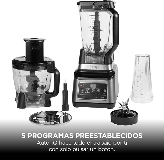 Ninja Procesador de alimentos 3 en 1, 1200 W, batidora multifunción, 5 programas automáticos, bol 1,8 l, jarra 2,1 l, vaso 700 ml, tecnología Auto-iQ, piezas aptas para lavavajillas, Negro, BN800EU