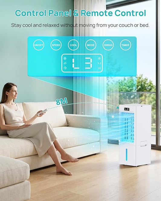 Aire Acondicionado Portatil 4 en 1, Enfriador de Aire con 4 Modos & 3 Velocidades, Temporizador 1-12H, Oscilación,Tanque de 6L, 4 Packs de Hielo, Control Remoto, Silencioso, para Oficina Hogar