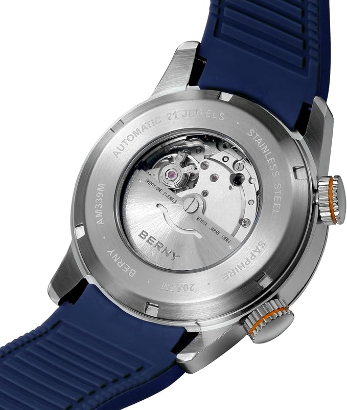 BERNY Reloj De Buceo Hombres 20ATM Movimiento Automático Reloj De Pulsera con Cristal De Zafiro Correa De Silicona Cómoda Super Luminoso
