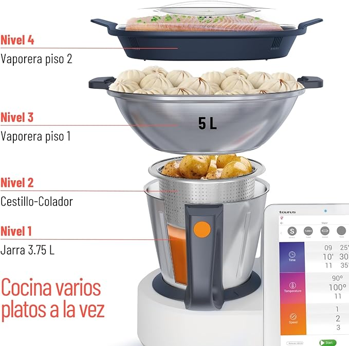 Taurus Mycook Next - Robot de Cocina con wifi, pantalla XXL, cocina por voz, inducción, cocción lenta o alta temperatura, sous-vide, 30 funciones, 2000W, jarra 3.75L, app mycook + accesorios