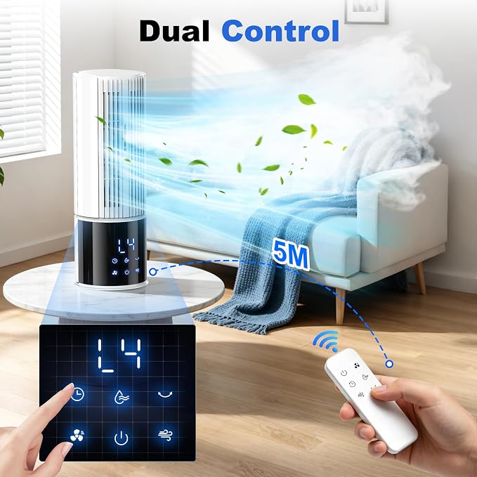Aire acondicionado portátil 6en1, ventilador 3 velocidades Modo Tormenta, Viento del sueño, Función de niebla y temporizador, Oscilación de 45°/90° perfecto para familia, oficina (Blanco roto) [Clase de eficiencia energética A]