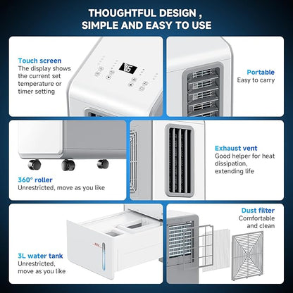 4 en 1 Aire acondicionado portátil,combina funciones de refrigeración, deshumidificación ventilación, ultrasilencioso, temporizador 24 Ideal para hogares, oficinas y cocinas（Blanco puro）
