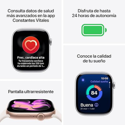 Apple Watch Series 11 GPS con caja de aluminio en negro azabache de 42 mm y correa deportiva negra-Talla S/M.Calidad del Sueño,monitores de entreno y salud,pantalla siempre activa, resistencia al agua