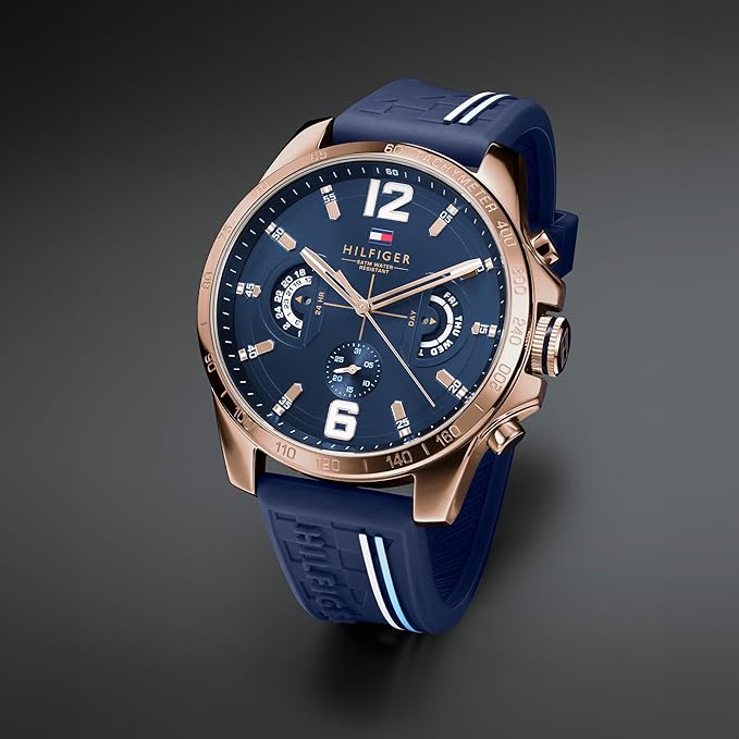 Tommy Hilfiger Reloj Analógico Multifuncional de Cuarzo para Hombres con Correa de Silicona, Acero Inoxidable o Cuero, Subesferas para Día y Fecha, Resistente al Agua hasta 5ATM.