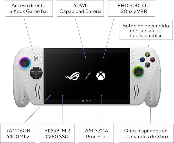 ASUS ROG Xbox Ally - Consola Portátil Gaming 7" Full HD 120Hz (AMD Ryzen Z2 A, 16GB RAM, 512GB SSD, Batería 60Wh, Windows 11, Consigue 3 meses gratis de Game Pass Premium) - Color Blanca