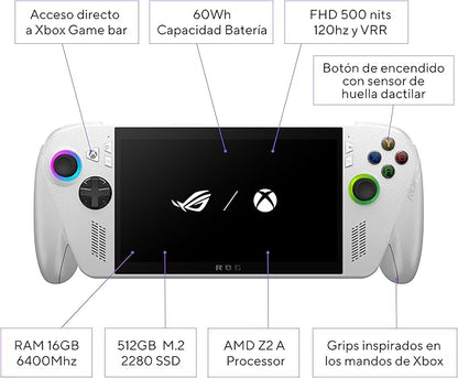 ASUS ROG Xbox Ally - Consola Portátil Gaming 7" Full HD 120Hz (AMD Ryzen Z2 A, 16GB RAM, 512GB SSD, Batería 60Wh, Windows 11, Consigue 3 meses gratis de Game Pass Premium) - Color Blanca