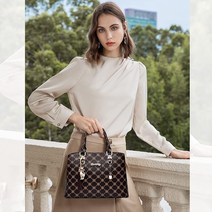 NICOLE & DORIS Bolsos de Mano Mujer Bolso Estampado Bolso Señora Bandolera Elegancia Mediano Bolso Tote Cuero PU Bolsos de Hombro con Colgante Beige con Marrón