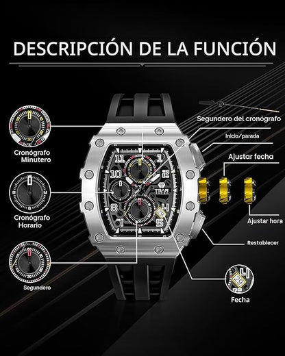 TSAR BOMBA Relojes Cuarzo Hombre Tonel Lujo Reloj de Pulsera Cristal Zafiro Movimiento Japonés Impermeables 50M Luminoso Fecha Esqueleto Cuadrados Analogico Deportivo Cronógrafo Reloj de Hombre