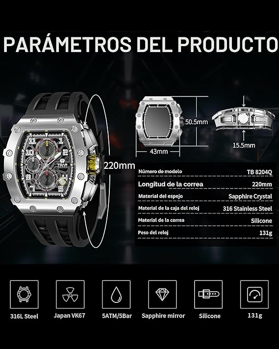 TSAR BOMBA Relojes Cuarzo Hombre Tonel Lujo Reloj de Pulsera Cristal Zafiro Movimiento Japonés Impermeables 50M Luminoso Fecha Esqueleto Cuadrados Analogico Deportivo Cronógrafo Reloj de Hombre