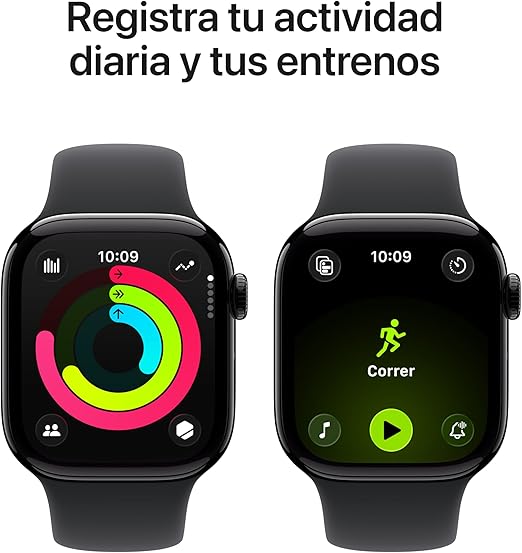 Apple Watch Series 11 GPS con caja de aluminio en negro azabache de 42 mm y correa deportiva negra-Talla S/M.Calidad del Sueño,monitores de entreno y salud,pantalla siempre activa, resistencia al agua