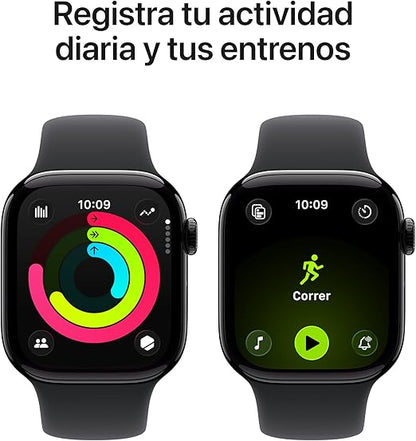 Apple Watch Series 11 GPS con caja de aluminio en negro azabache de 42 mm y correa deportiva negra-Talla S/M.Calidad del Sueño,monitores de entreno y salud,pantalla siempre activa, resistencia al agua